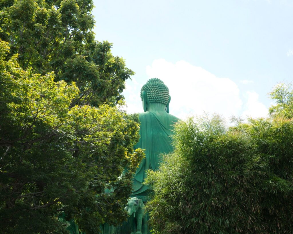 千種区の桃厳寺にある名古屋大仏。青空の下、緑に囲まれた巨大な後ろ姿が静かに佇む風景
