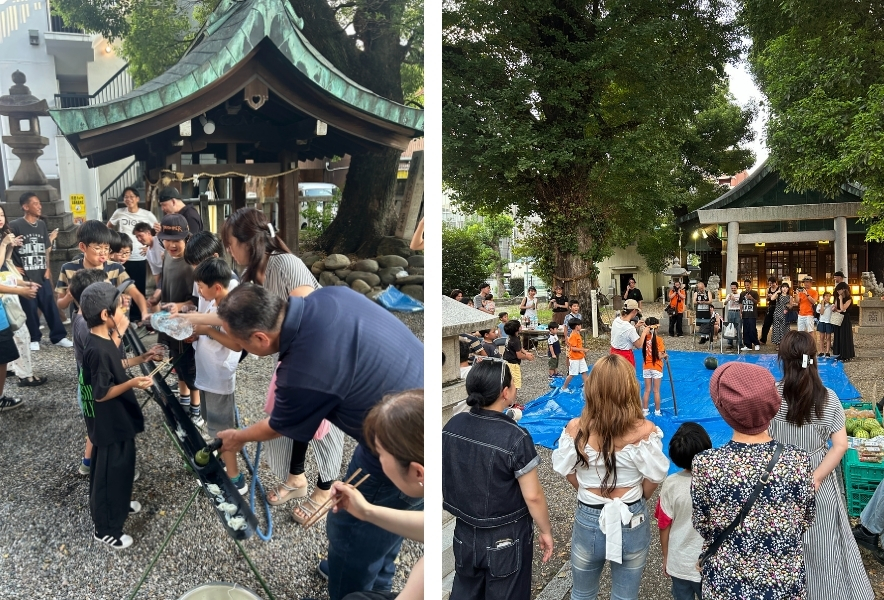 金山神社で開催された流しそうめんやスイカ割りの金山ローカル交流会。羽鳥さんと仲間たちが子どもたちと楽しむ夏のひととき