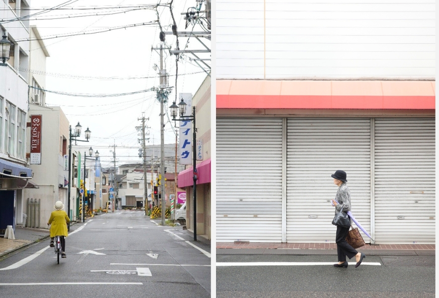 笠寺の商店街を自転車で進む人の後ろ姿と、シャッターの前を静かに歩く女性。まちの日常のリズムが淡く切り取られた2枚組