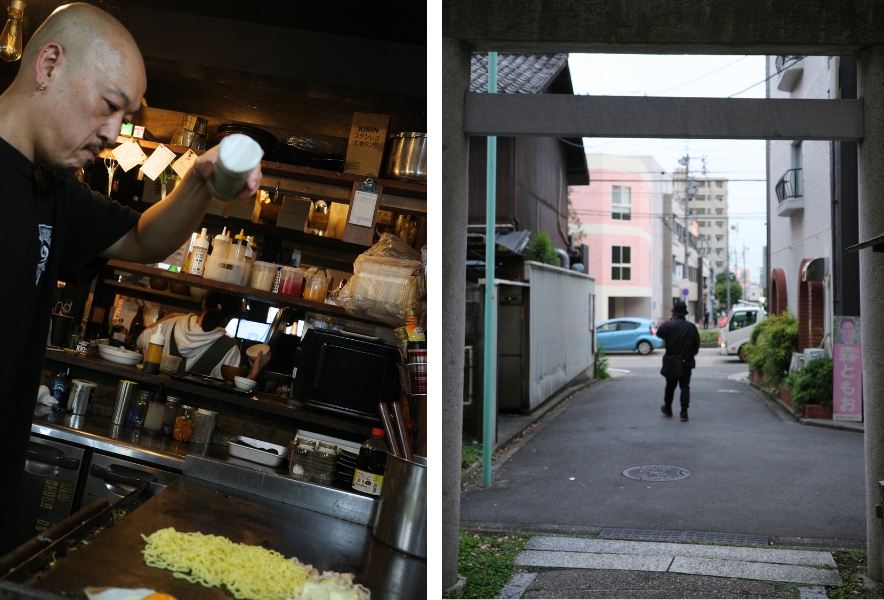 金山のKing焼きそば店主・羽鳥さんが鉄板の上で焼きそばを調理する様子。真剣な表情が印象的。右側は、金山神社あたりを歩く羽鳥さん。