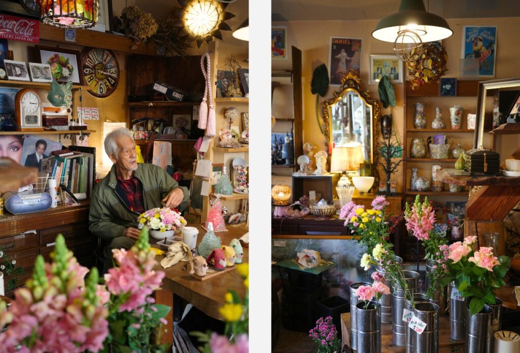 名古屋市千種区の花と雑貨の店 flolla flore 店主・玉木さんが花を束ねる様子と店内風景。