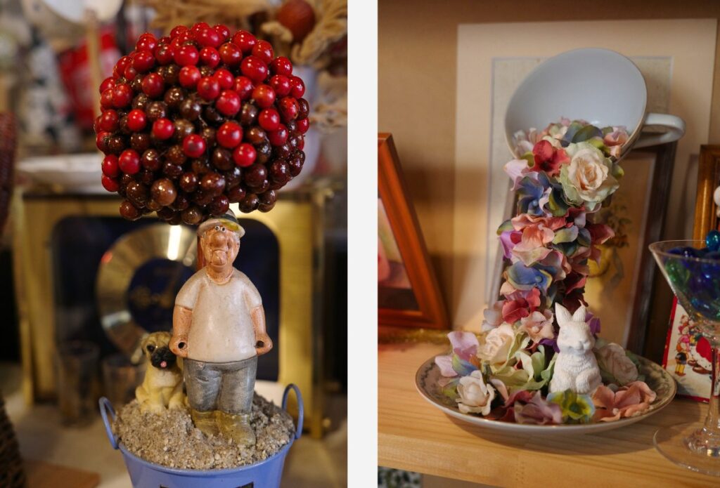 lolla flore 店内に並ぶ貝殻とロウ細工のハンドメイド雑貨。