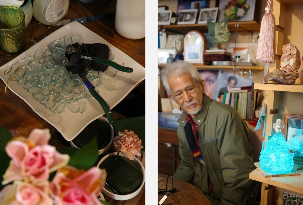 名古屋市千種区 flolla flore の手作り雑貨と装飾品。ガラス細工・手作りオブジェをみせてくれる玉木さん。