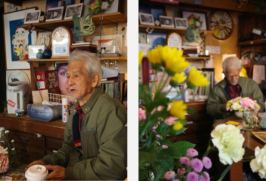 名古屋市千種区の花屋 flolla flore 店内で過ごす店主・玉木さんの横顔と名古屋市千種区下方町 flolla flore で花に囲まれて作業する店主の姿。