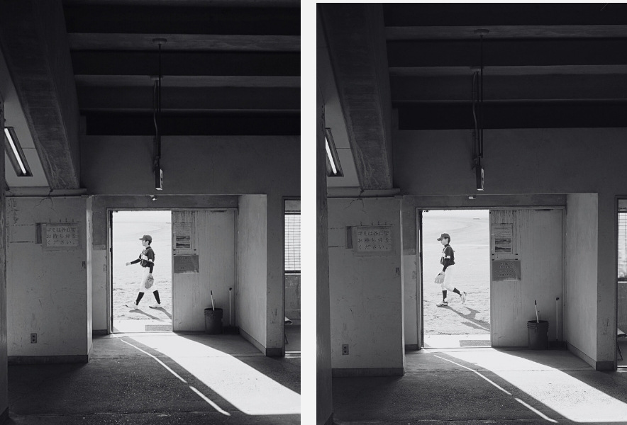 名古屋・熱田球場の通路からグラウンドへ向かう少年野球選手の後ろ姿