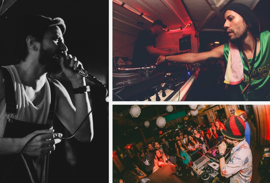 クラブでマイクを握るRas TaroのライブシーンとIRIE SUNDAYのクラブイベントでDJと観客が集う様子