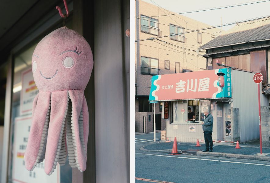 左は、名古屋たこ焼き吉川屋の店先に吊るされたタコのマスコット。右は 野立小学校前にある名古屋たこ焼き吉川屋の外観と行列