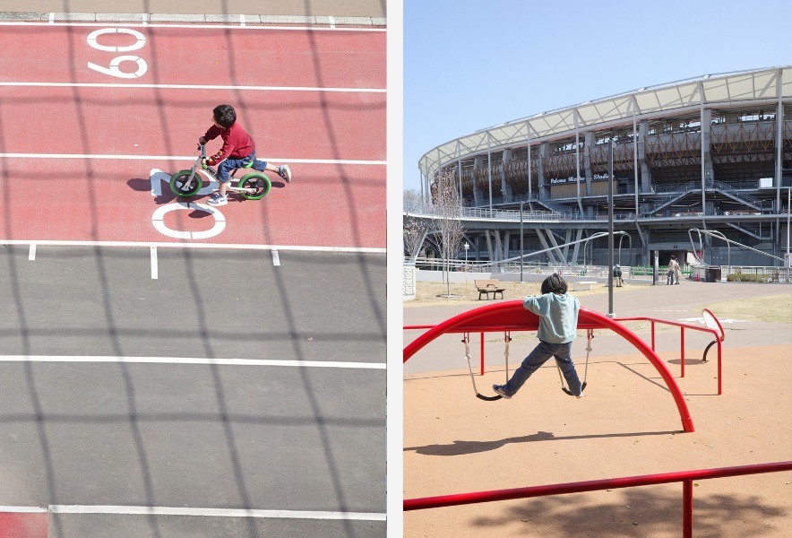瑞穂公園内のトラックで遊ぶ子どもの様子と瑞穂公園の遊具と奥に見えるスタジアム外観