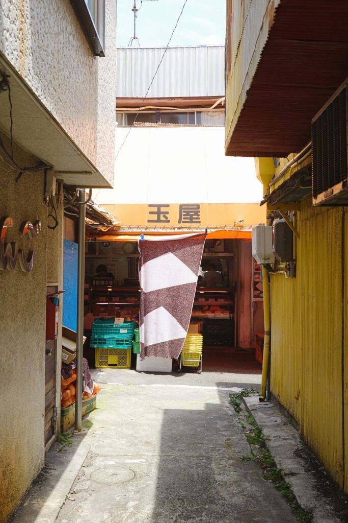 名古屋市昭和区、建物の間の細い路地奥にある肉屋と八百屋の玉屋