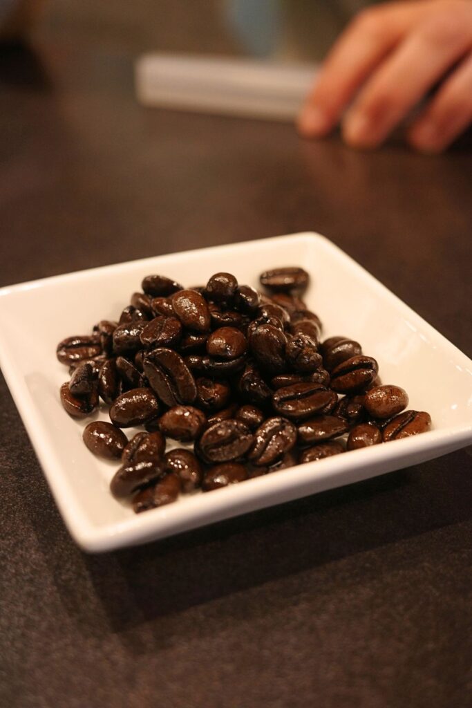 名古屋・昭和区「Grains de café」で使用する深煎りのコーヒー豆。白い皿に並べられた焙煎豆。