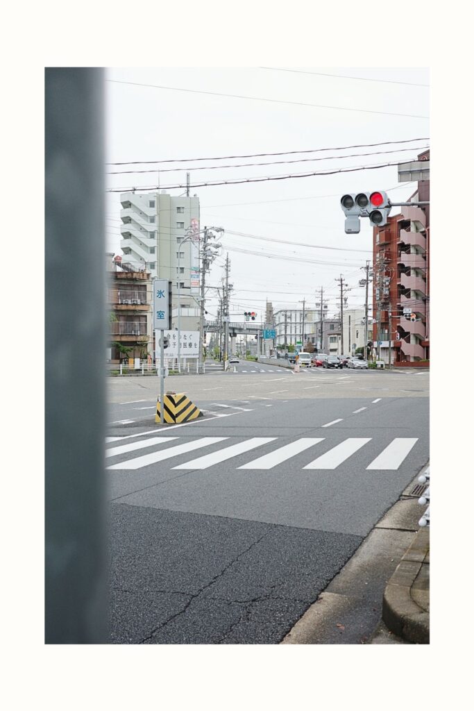 名古屋市南区の氷室交差点。氷室の標識と信号機、住宅やビルが並ぶ街角の風景。